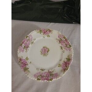 Antique Vintage 8 in scalloped edge white porcelain plate with pink flowers